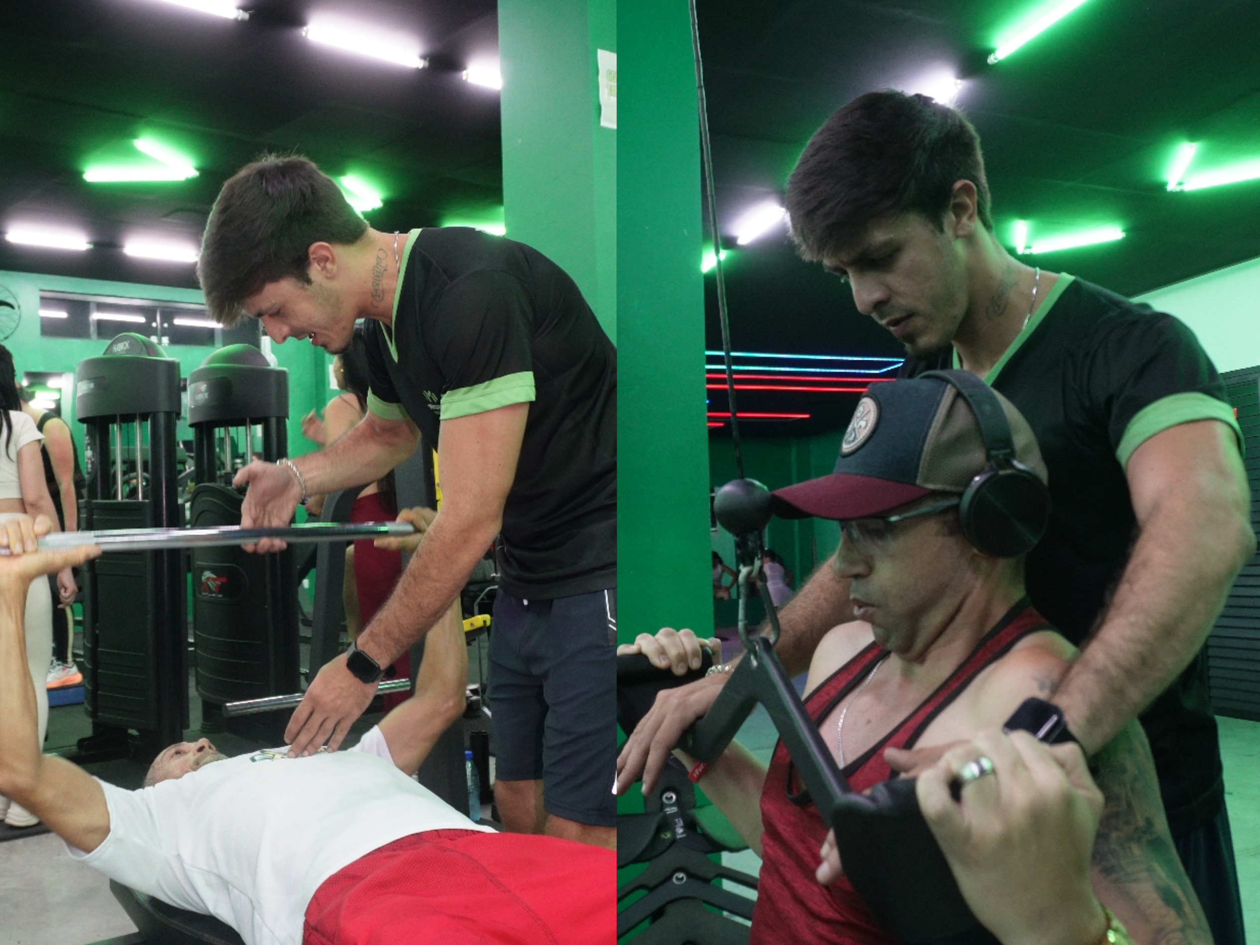 Treinador supervisionando uma pequena classe, corrigindo a forma de vários alunos.